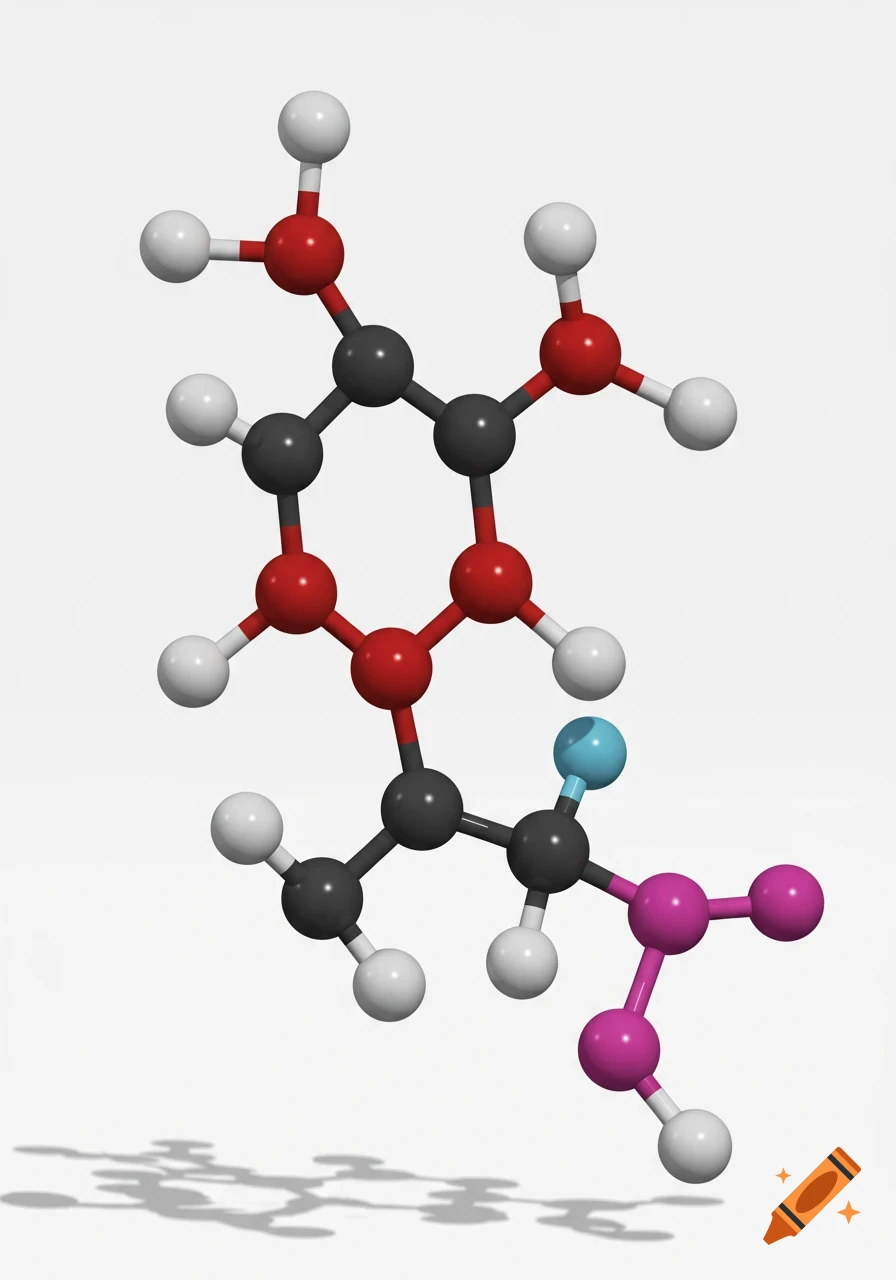 A 3D ball-and-stick model of a complex molecule with black, red, white, light blue, and pink atoms on a white background.