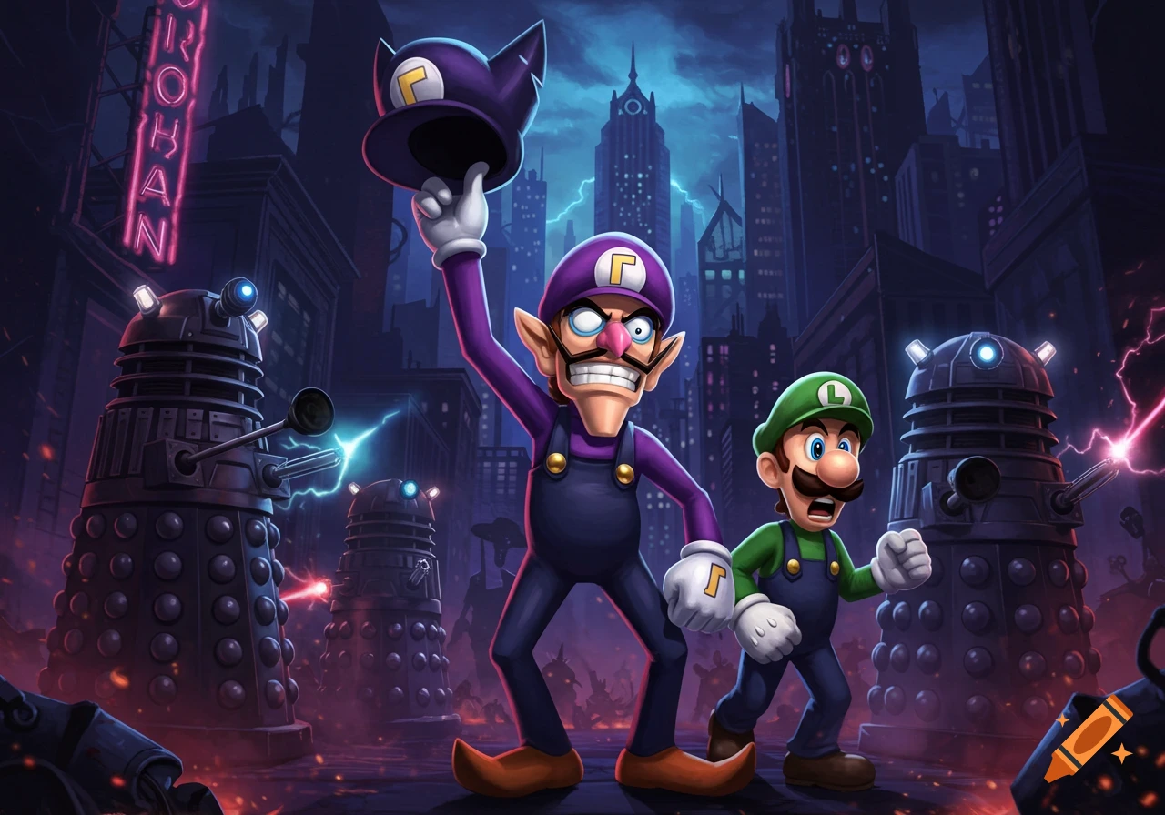 Waluigi and Luigi stand in a dark, stylized city under attack by Daleks, with neon signs glowing.