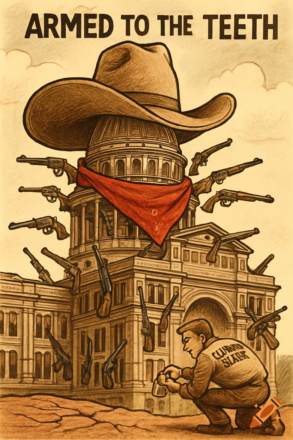 A political cartoon titled 'ARMED TO THE TEETH' showing the Texas Capitol building wearing a cowboy hat and red bandana, surrounded by numerous guns. In the foreground, a man kneels, attempting to padlock a gun, against a cracked landscape.