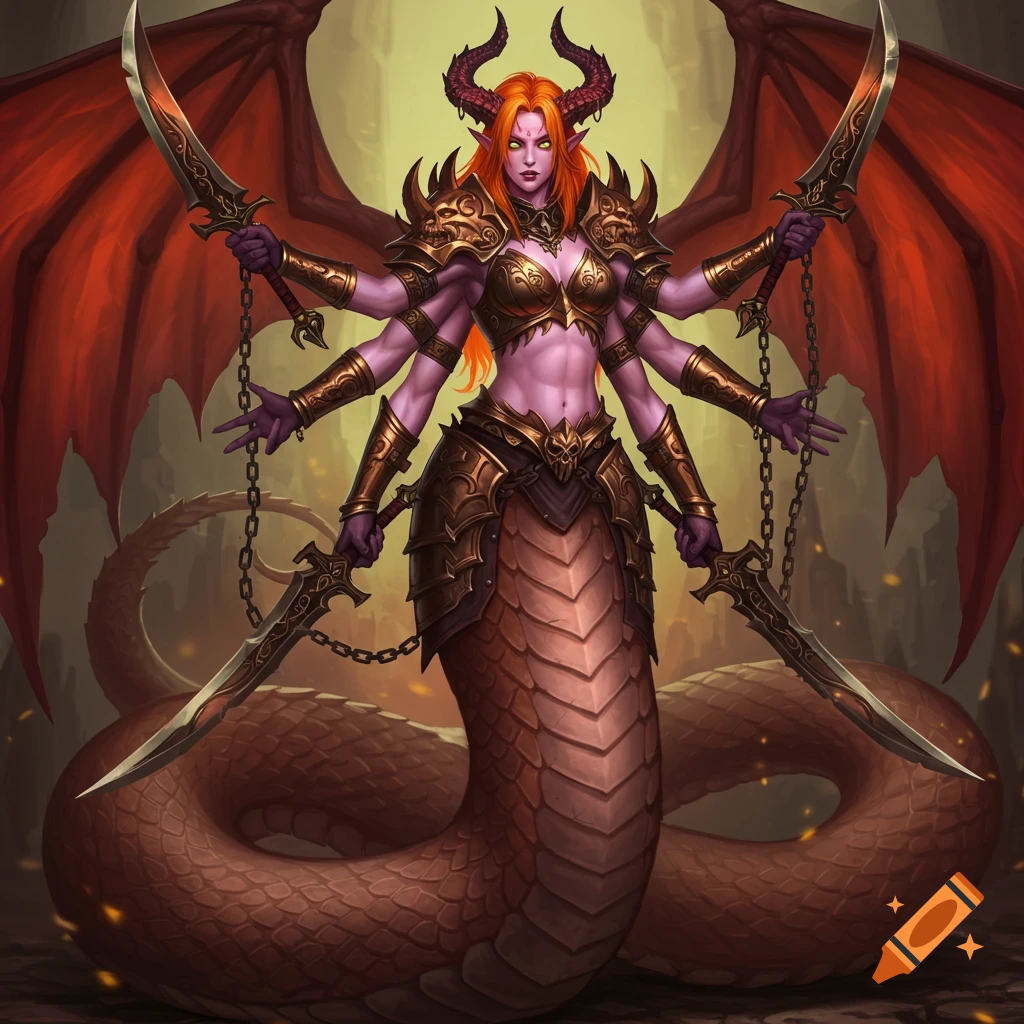 A six-armed demoness with red wings, horns, and a coiled serpent tail wields multiple swords while wearing bronze armor.