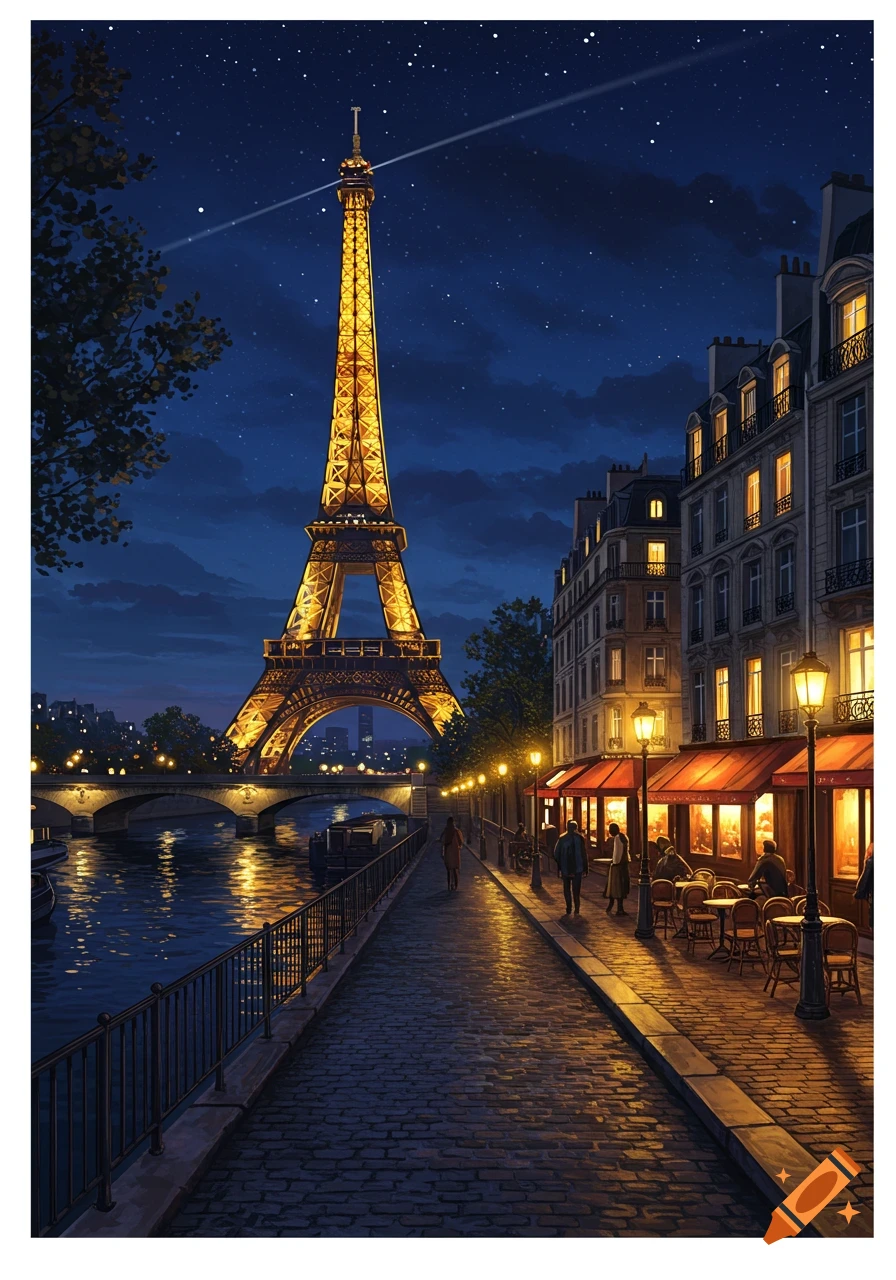 Illustration of a Parisian night scene with the illuminated Eiffel Tower, a river, and a lively street cafe.