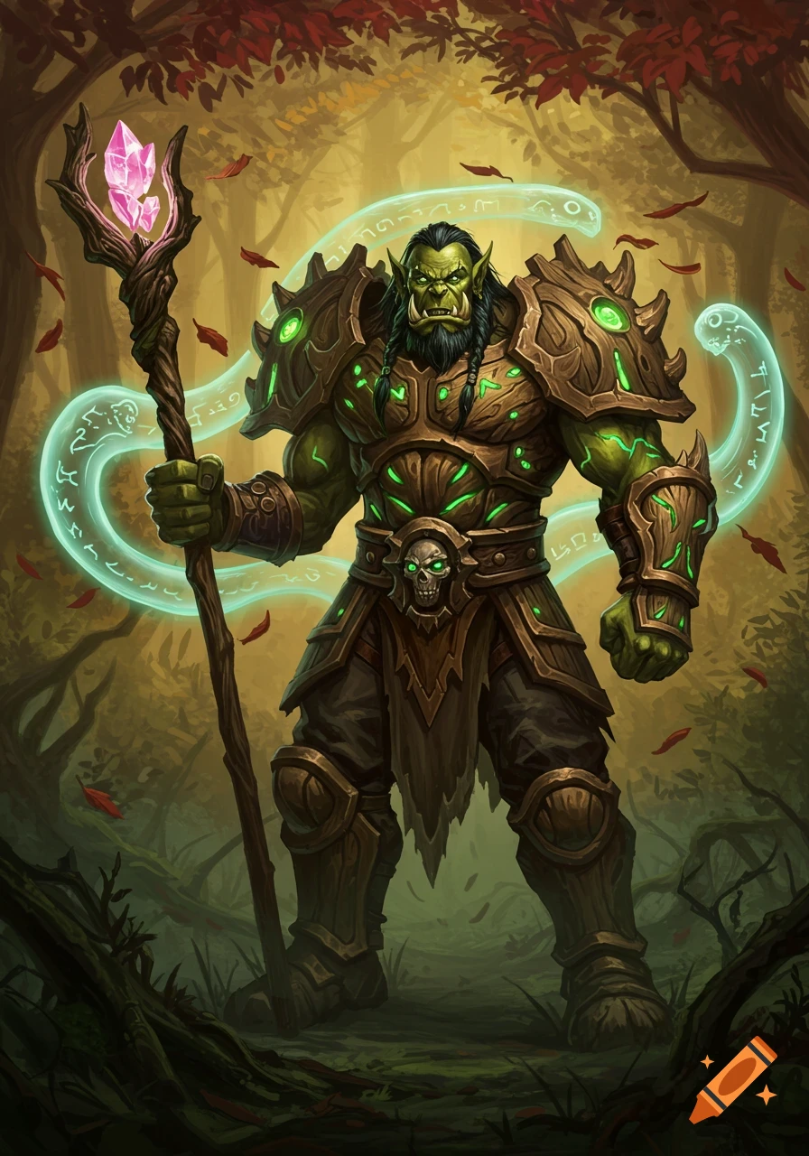 A green-skinned orc druid in tree-bark armor holding a staff with a pink crystal, surrounded by glowing runes in a forest.