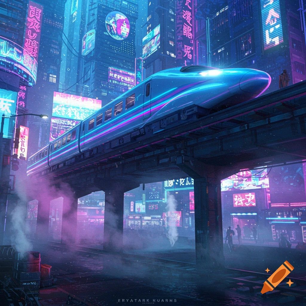 A futuristic blue and pink neon train speeds along an elevated track in a cyberpunk city at night, with glowing signs and misty streets.
