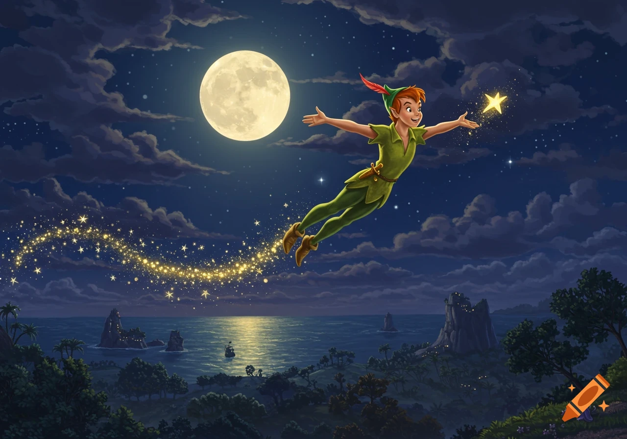 A vibrant illustration of Peter Pan flying across a moonlit night sky, leaving a trail of pixie dust over a mystical island.