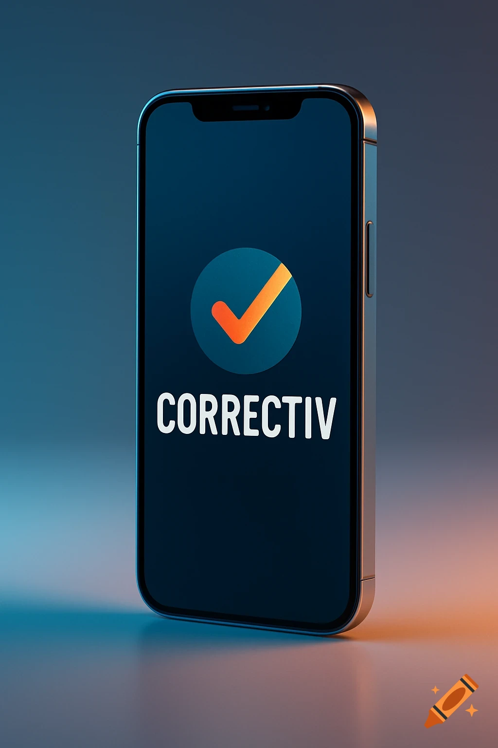 A modern smartphone stands upright, displaying a dark screen with an orange checkmark in a blue circle and the word 'CORRECTIV' in white.