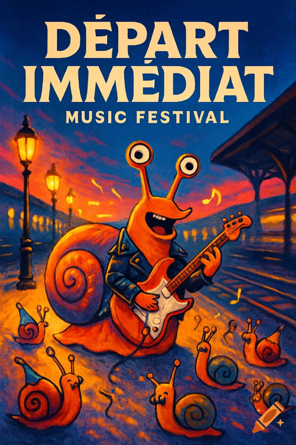Vibrant illustration of a large snail rocker playing an electric guitar, surrounded by smaller dancing snails on a train station platform at sunset with "DÉPART IMMÉDIAT MUSIC FESTIVAL" text.