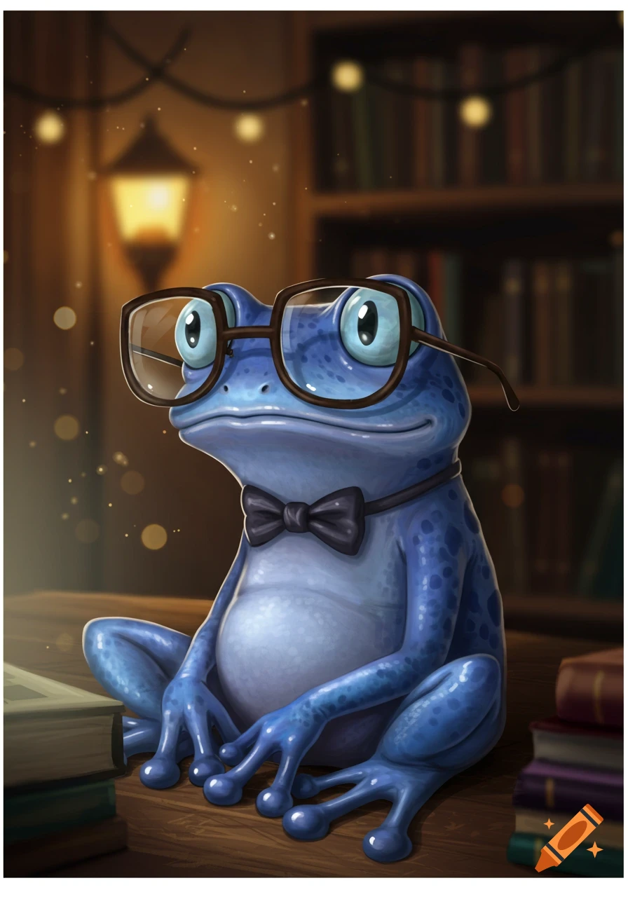 An illustration of a blue, nerdy frog wearing glasses and a bow tie, sitting on a wooden desk with books and a glowing lantern in the blurry background.