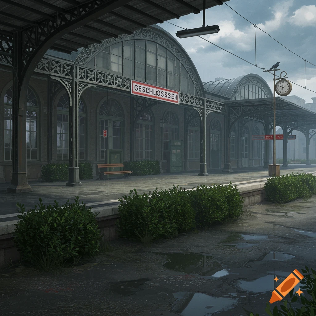 A moody, photorealistic view of an old, arched train station with a "GESCHLOSSEN" sign under a cloudy sky, puddles on the platform.