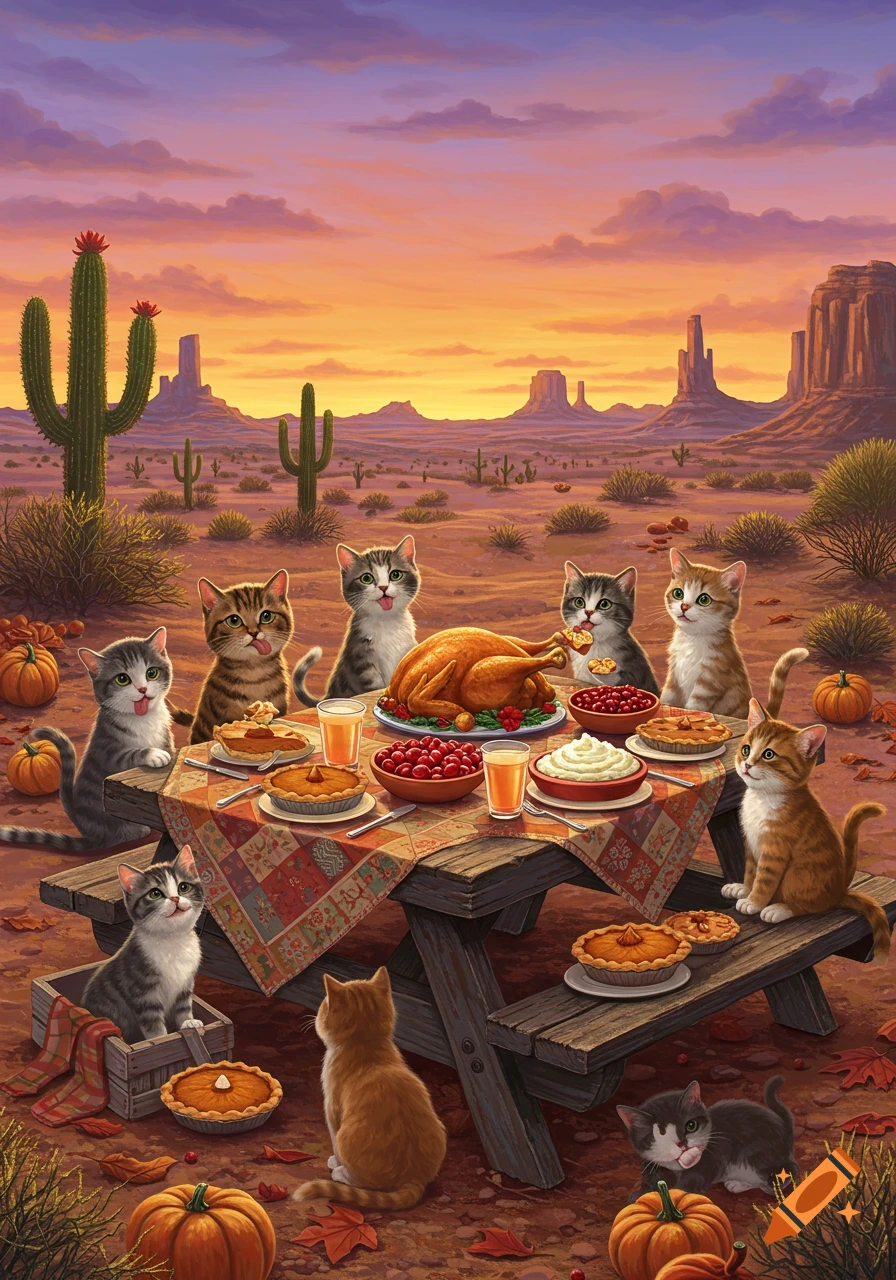 Stylized painting of cats enjoying a Thanksgiving feast on a picnic table in a desert landscape at sunset.