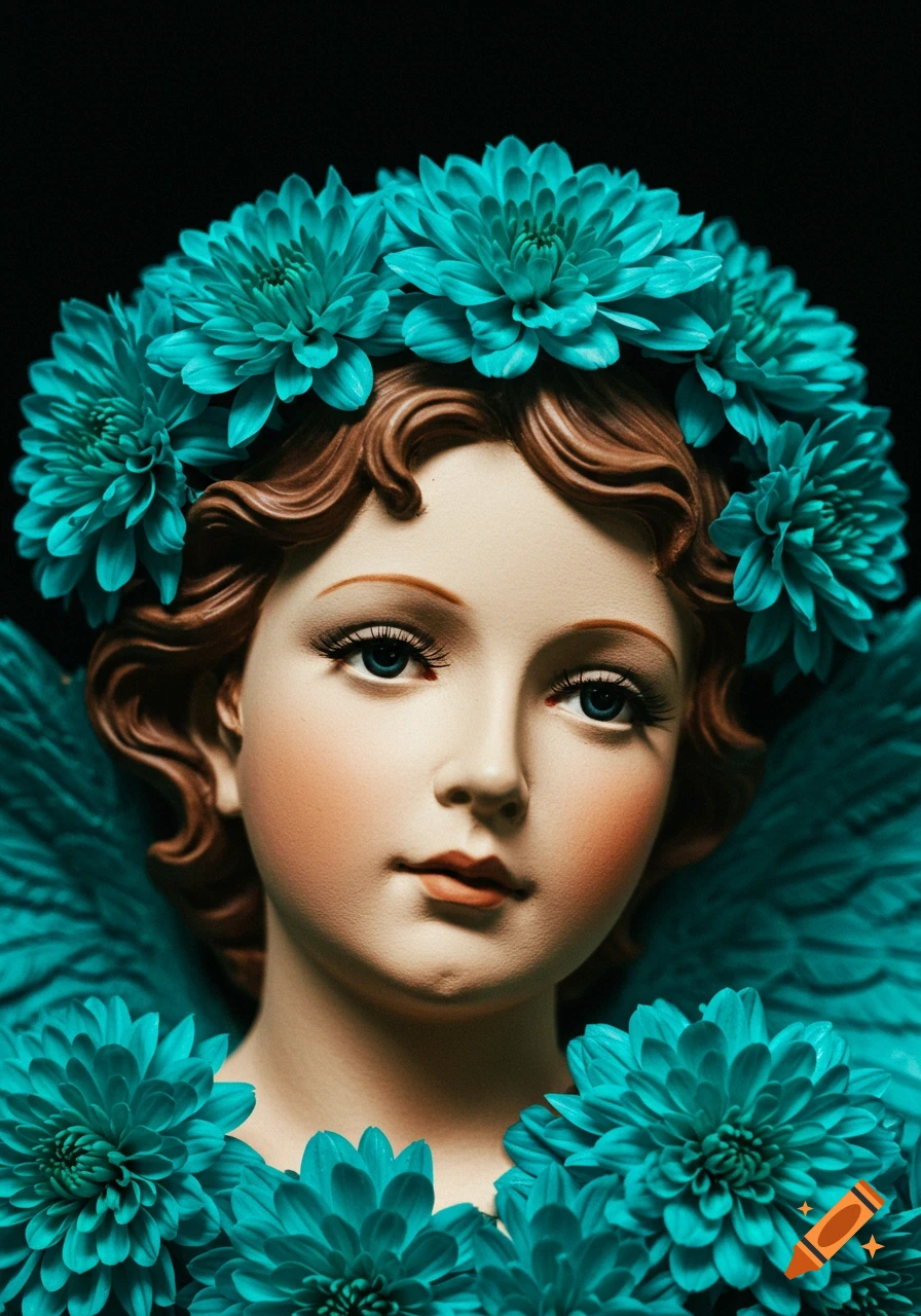A close-up photographic portrait of a statue of an angel with turquoise flowers in its curly brown hair.