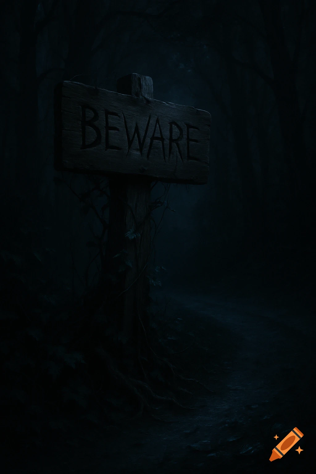 A wooden 'BEWARE' sign stands ominously on a dark, foggy forest path, with tangled roots.