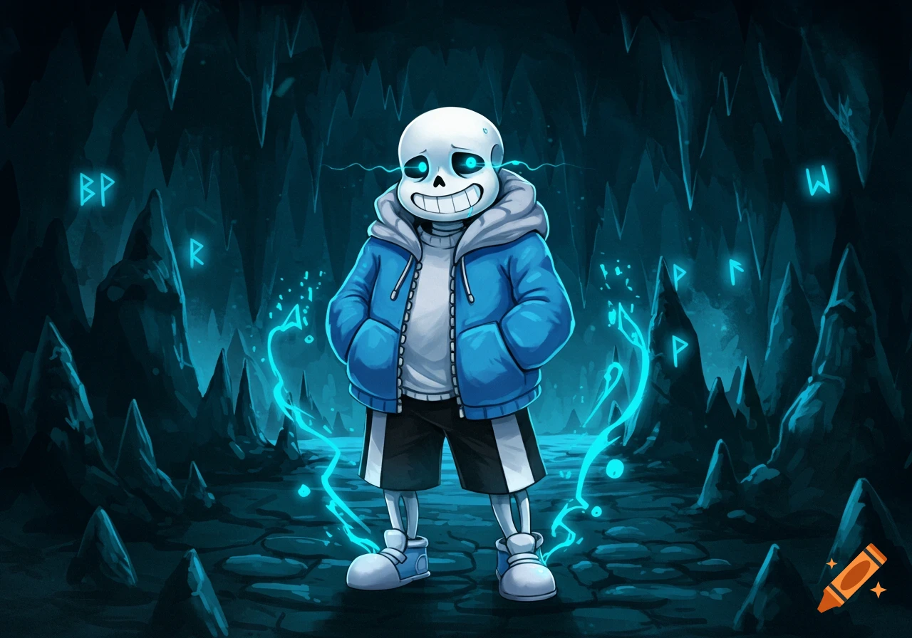 A stylized image of Sans, the skeleton character from Undertale, wearing a blue hoodie and shorts, with glowing blue eyes and magic, standing in a dark blue cave with glowing runes.