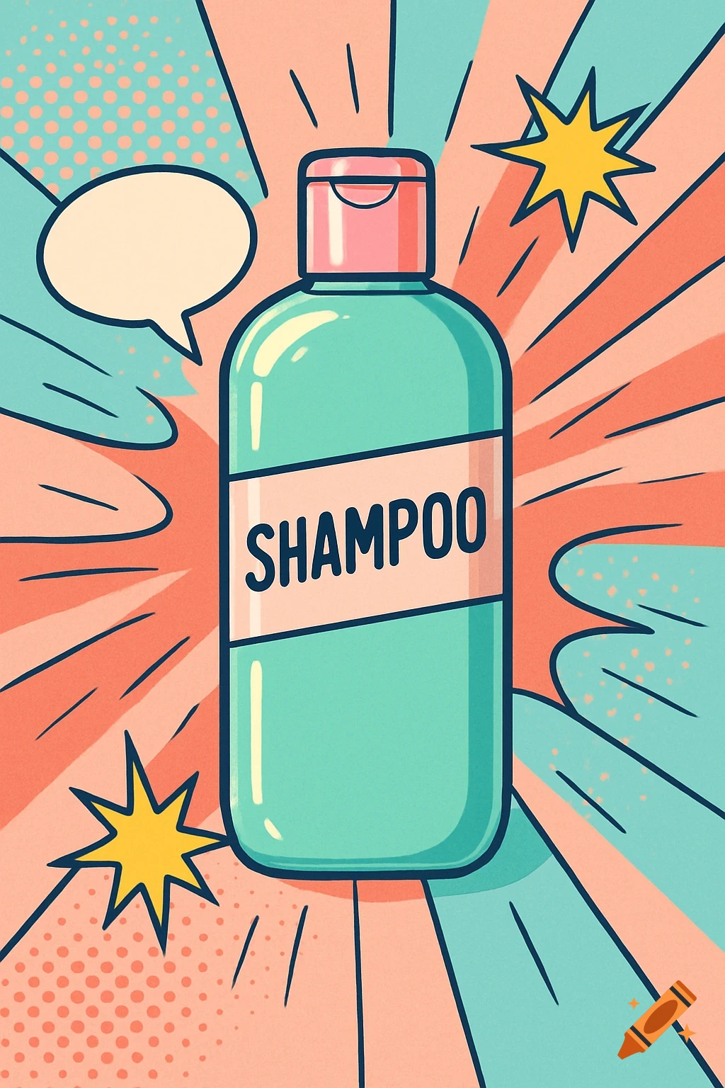 Pop art illustration of a teal shampoo bottle with a pink cap and 'SHAMPOO' on its label, against a pastel radiating background with a speech bubble and starbursts.