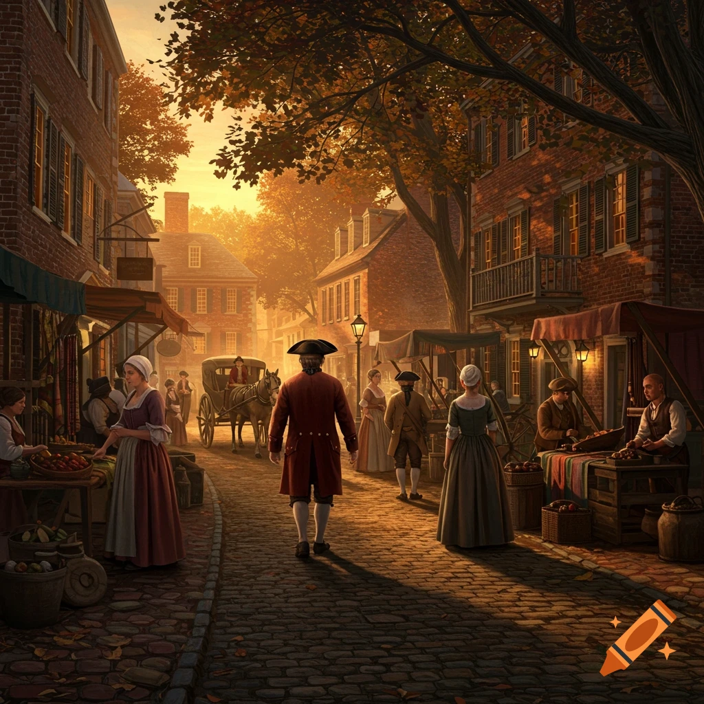 A bustling colonial street scene with people in period clothing, market stalls, brick buildings, and a horse-drawn carriage under a golden sky.