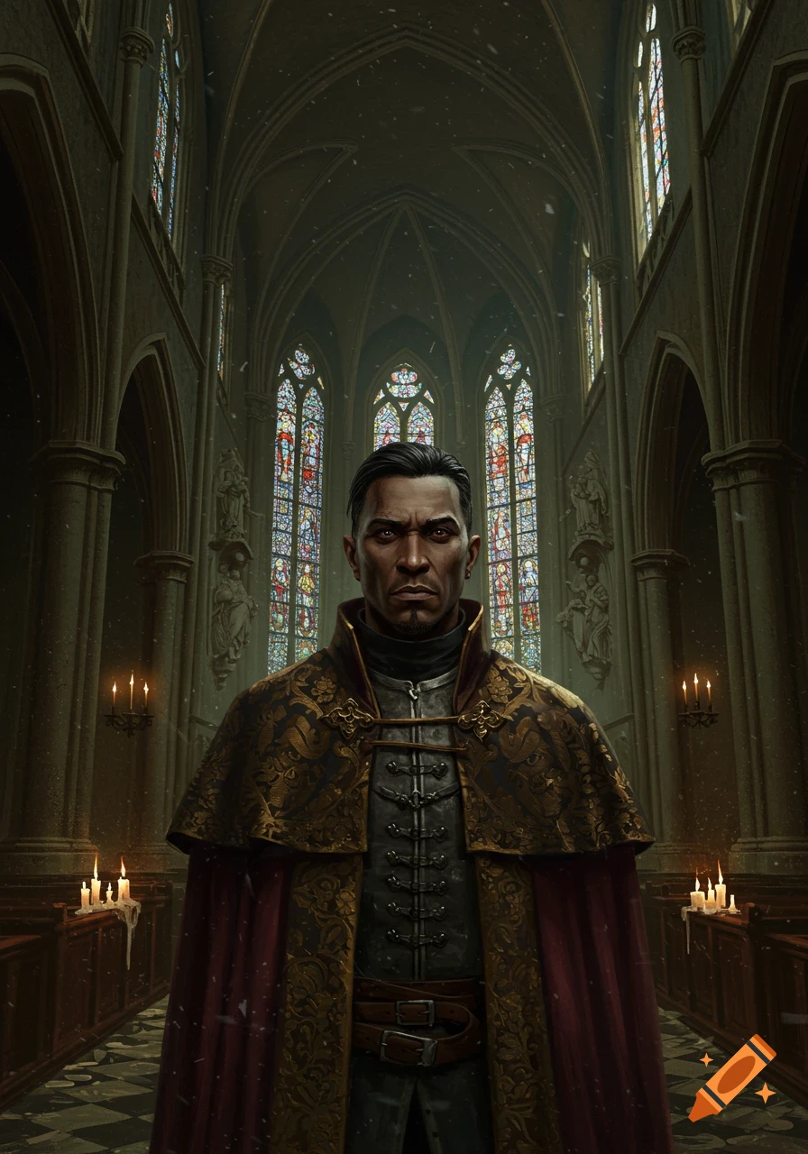 A stern man in an ornate gold and red cloak stands inside a gothic church with stained glass windows and lit candles.