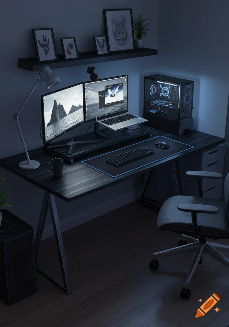 A modern computer desk setup at night with dual monitors, a laptop, gaming keyboard, mouse, and a glowing desktop PC.