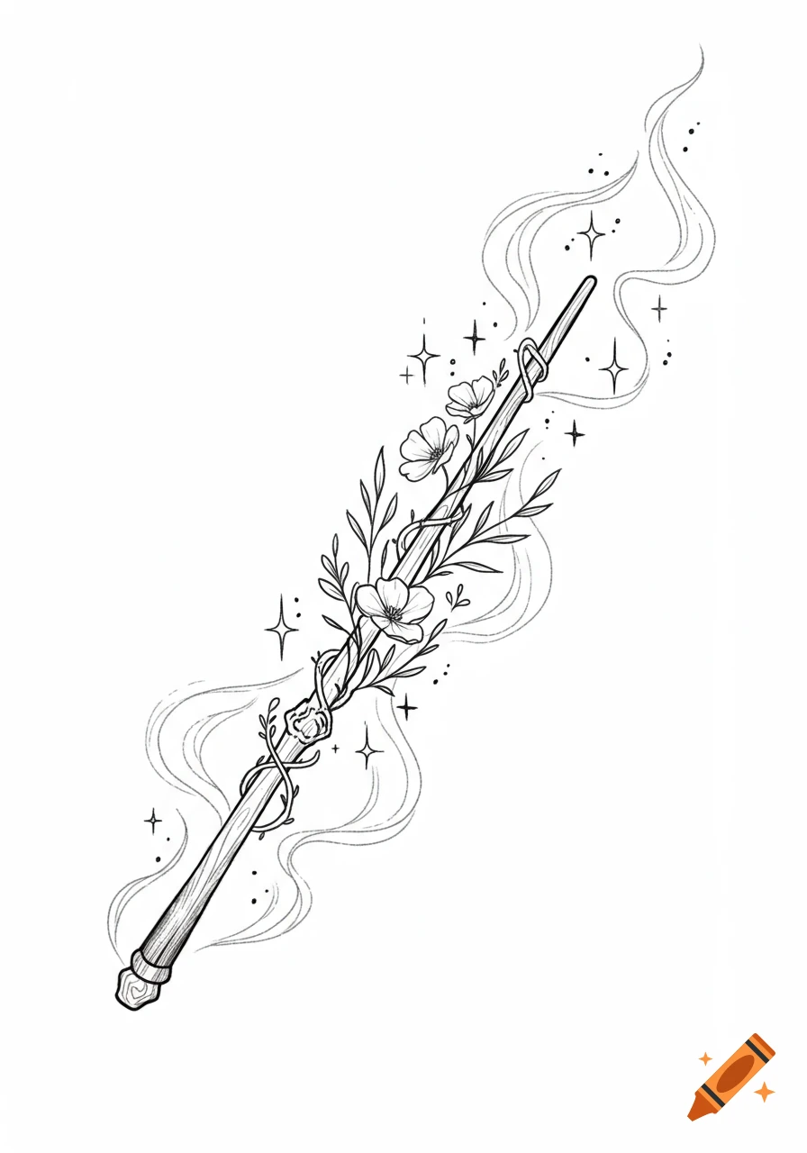 Line art of a magic wand adorned with flowers and vines, surrounded by sparkling stars and wispy smoke.