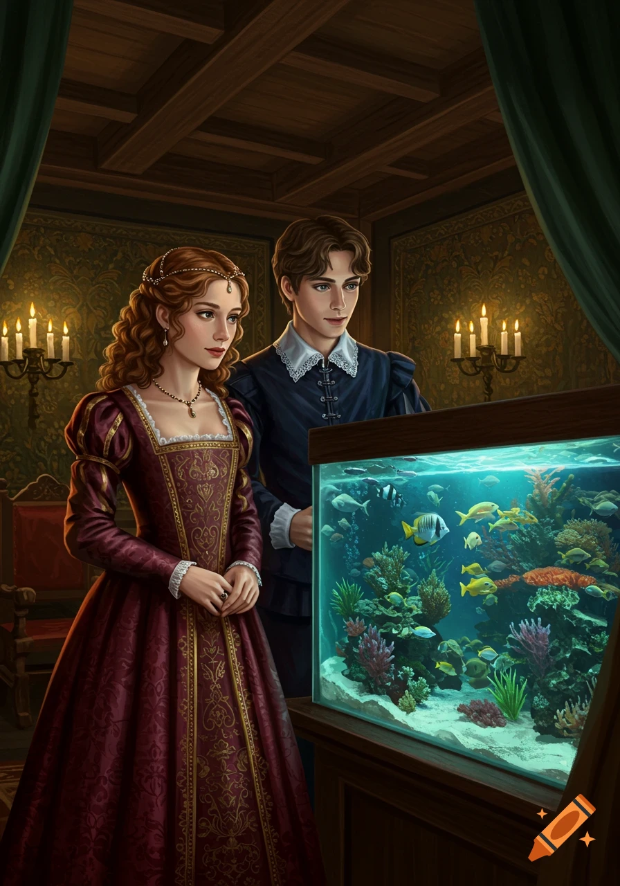 A young man and woman in elaborate Tudor outfits gaze into a vibrant fish tank in a dimly lit, richly decorated room.