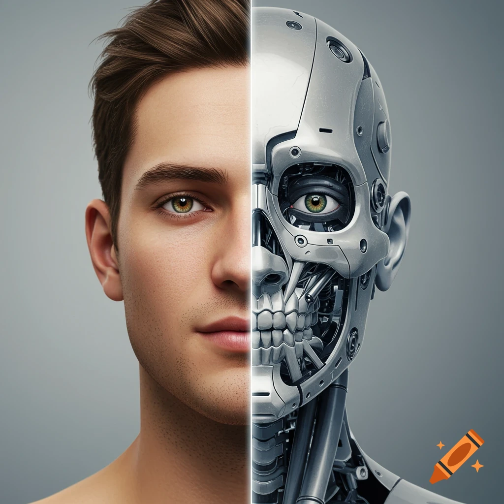 A face split vertically, half human with brown hair and green eyes, half metallic robot skull with a green eye, on a grey background.