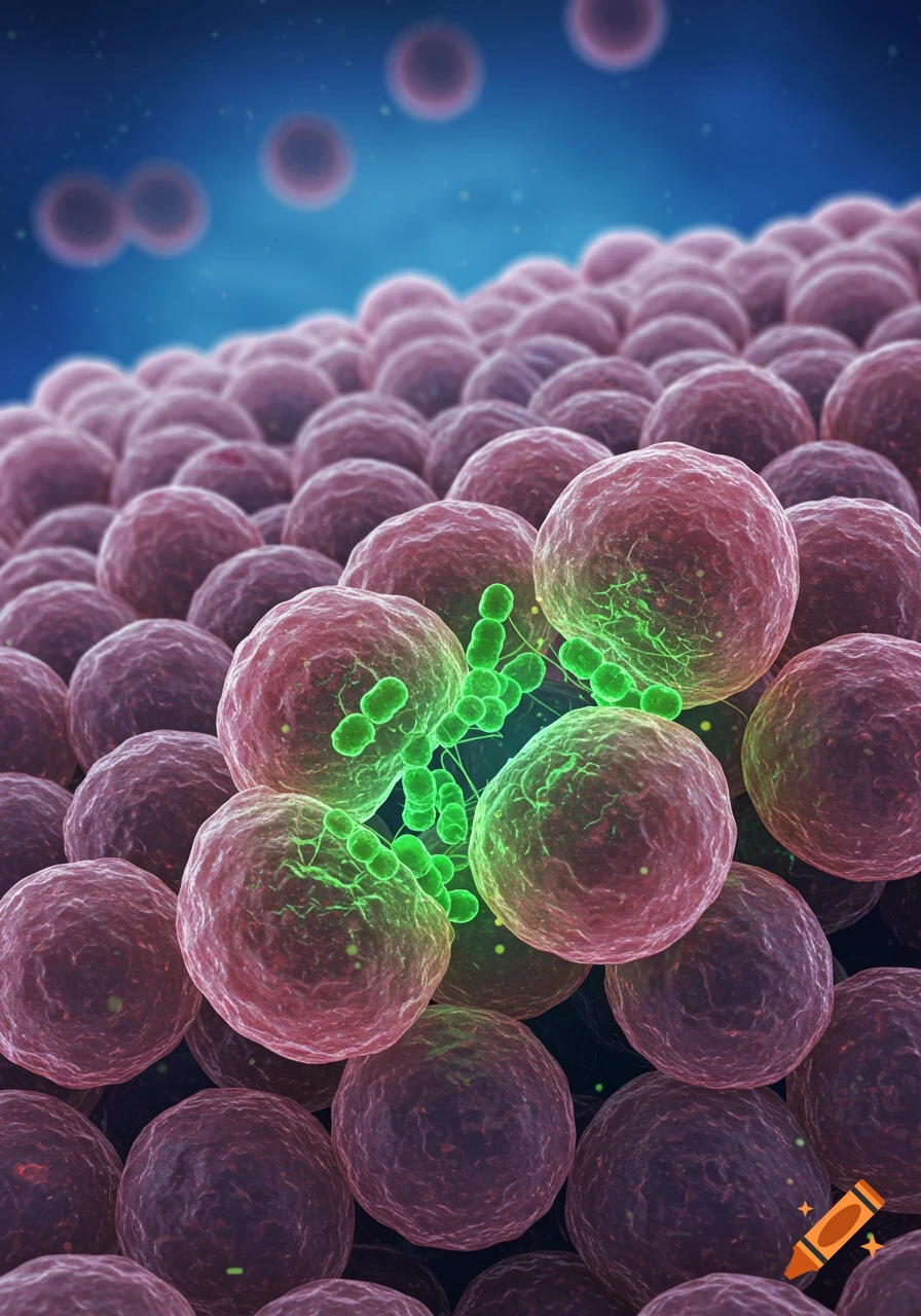 Microscopic render of numerous pink epithelial cells, some infected by bright green listeria bacteria, on a blue background.
