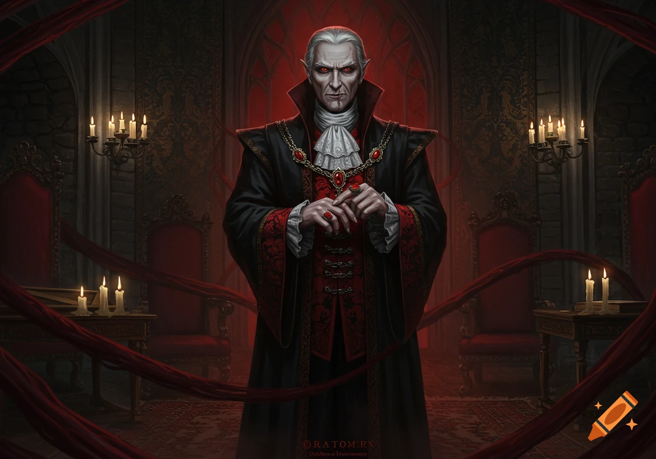A pale, white-haired vampire with red eyes and blood on his lip stands in elaborate black and red robes in a dark, gothic castle room.