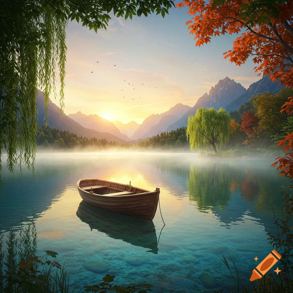 Photorealistic image of a small wooden boat on a clear, misty mountain lake at sunrise, framed by autumn trees.