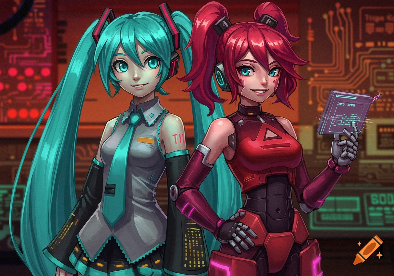 Two anime-style girls, one with long turquoise pigtails and the other with red pigtails, stand in a sci-fi setting with circuit board elements, both smiling.
