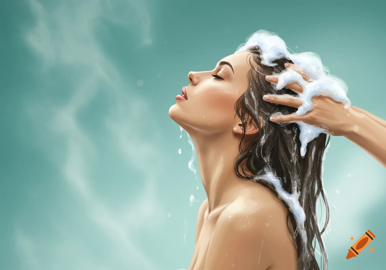 Illustrated woman in profile, head tilted up, washing her dark hair with foam and steam against a teal background.