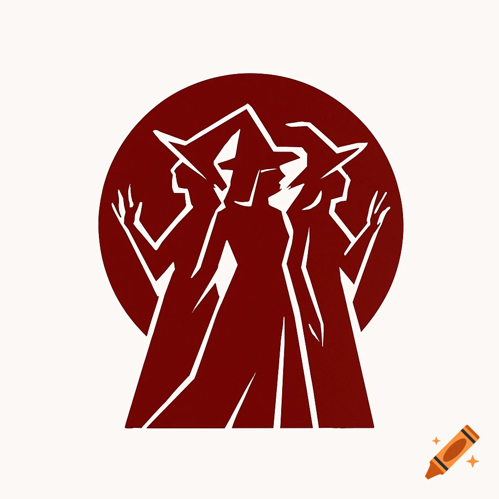 Minimalist red logo featuring three silhouetted witches in hats and cloaks against a circular background.