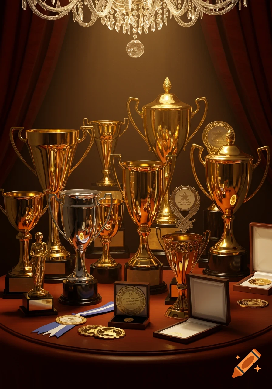 A collection of gleaming gold and silver trophies, medals, and plaques displayed on a round wooden table under a chandelier.