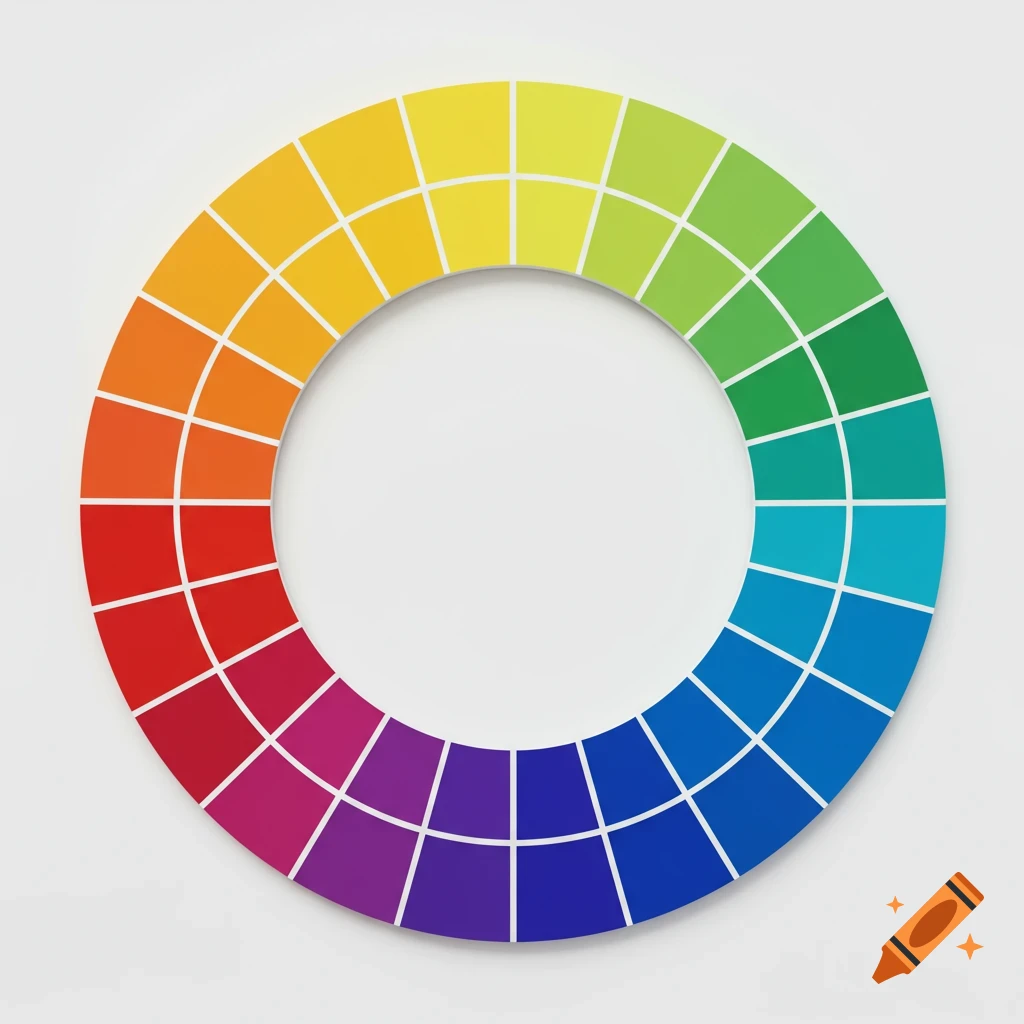 A high-resolution color wheel showing a spectrum of colors from red to violet, divided into many segments, on a white background.