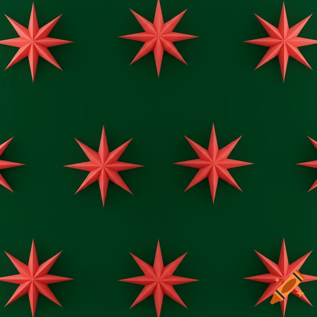 A repeating pattern of red eight-pointed stars on a dark green background.