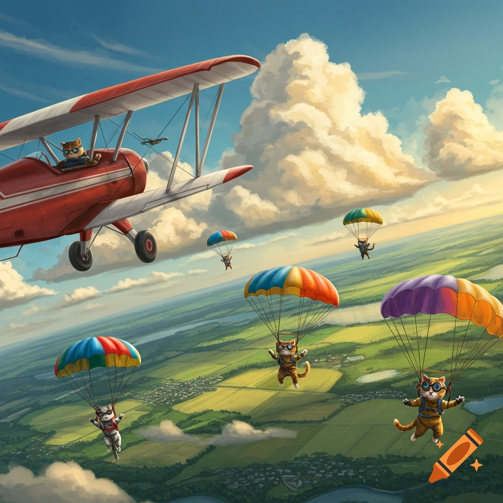 Cartoon cats skydive from a red biplane over a green, cloudy landscape.