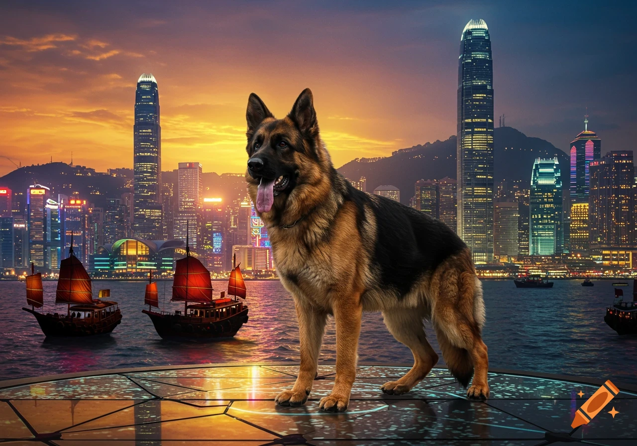 A photorealistic German Shepherd stands on a reflective platform overlooking a vibrant Hong Kong city skyline and junk boats at sunset.
