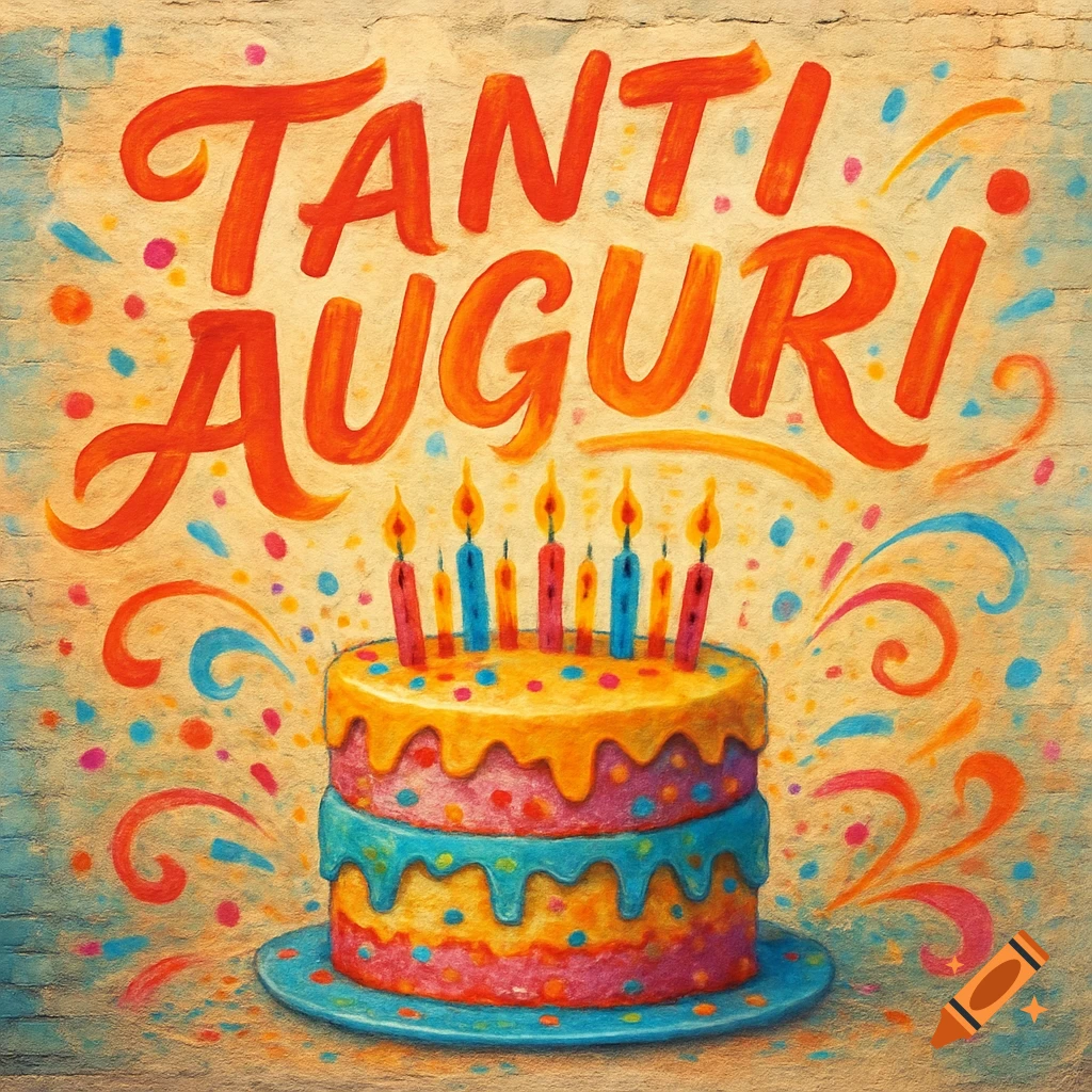 A colorful mural of a two-tier birthday cake with lit candles and confetti, with 'TANTI AUGURI' written in large orange letters above it.