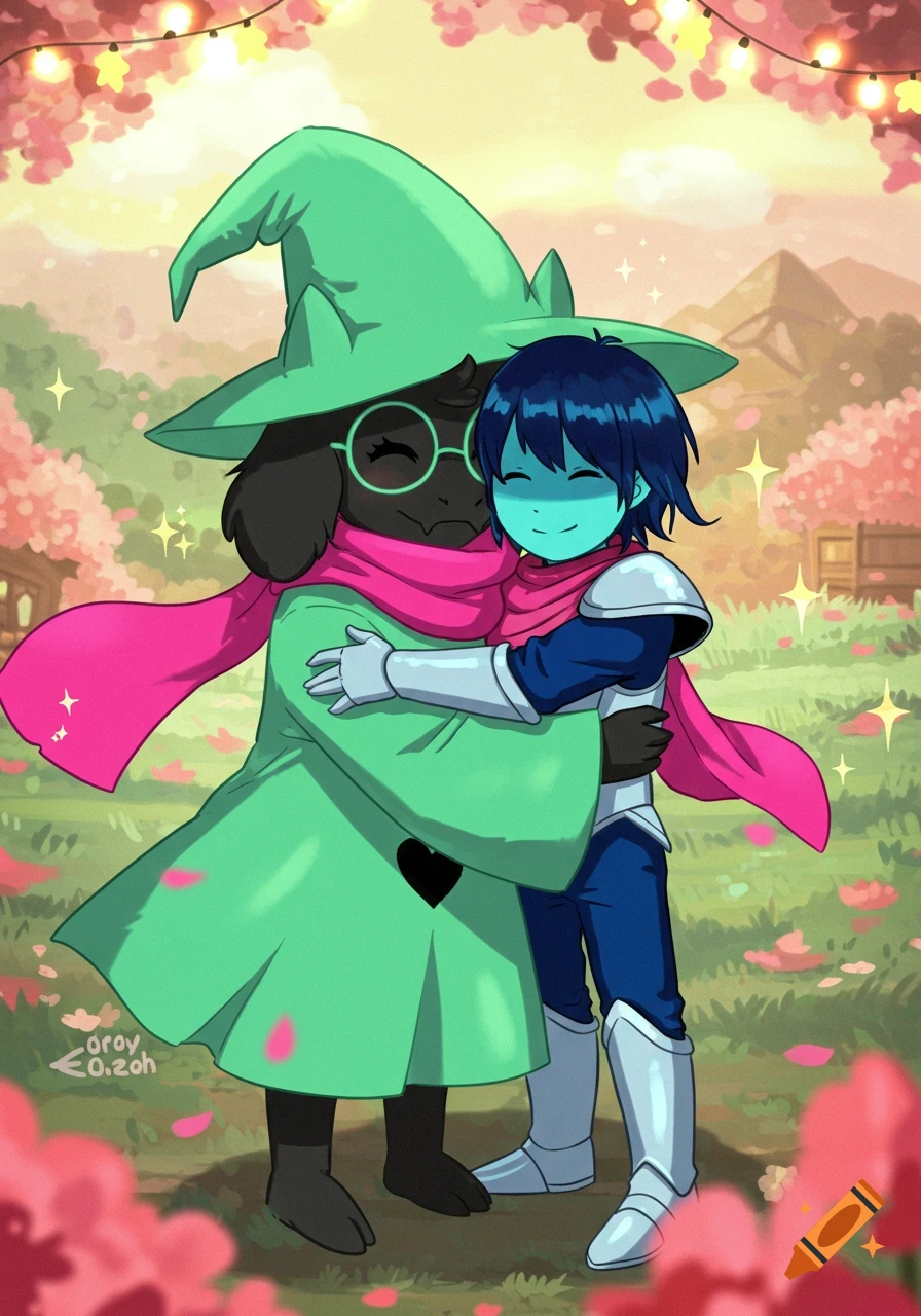 Two cartoon characters, Ralsei and Kris from Deltarune, embrace in a field with pink flowers and sparkling lights.