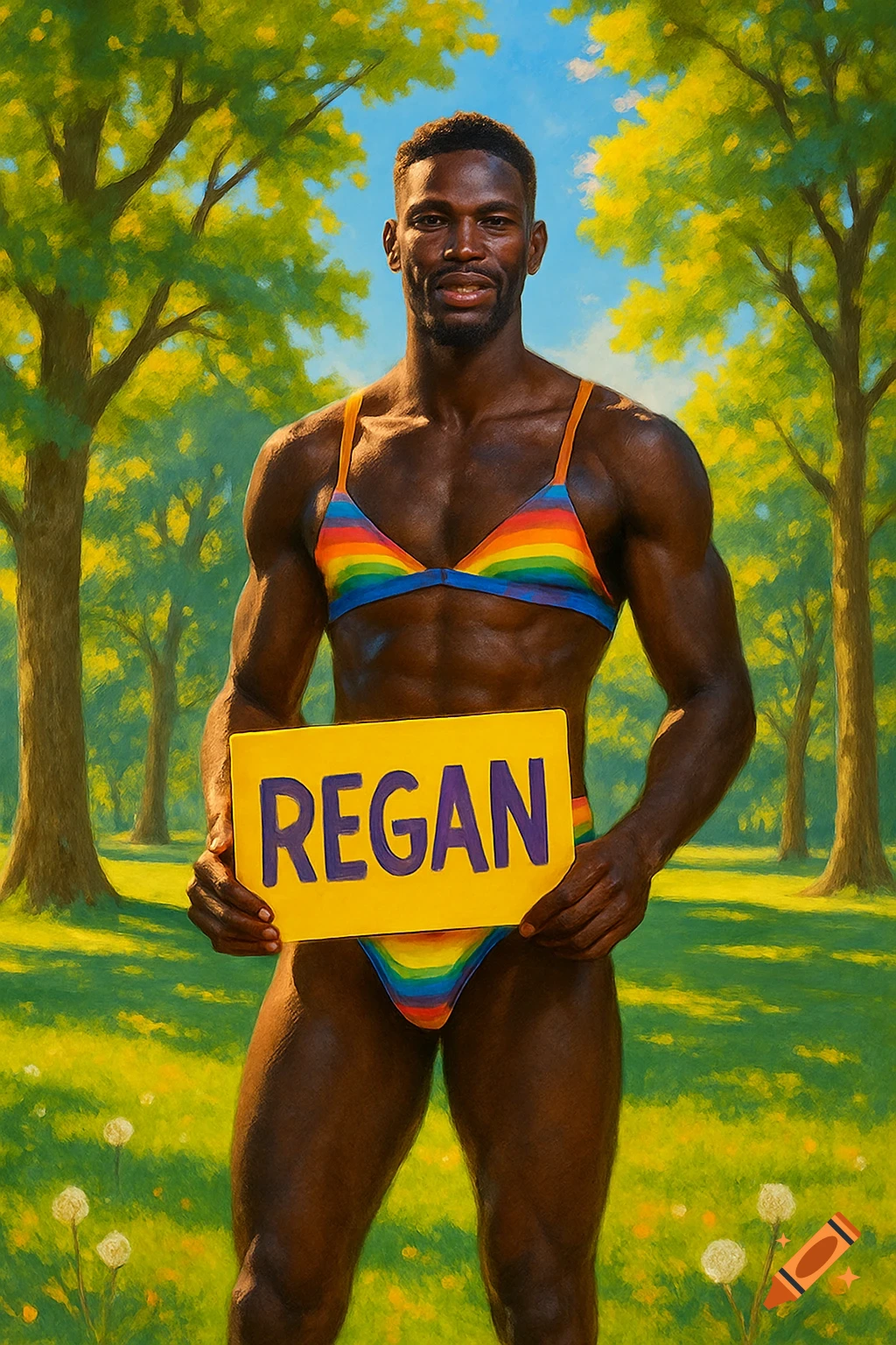 A muscular Black man in a rainbow bikini holds a 'REGAN' sign in a sunny park, painted in an expressive style.