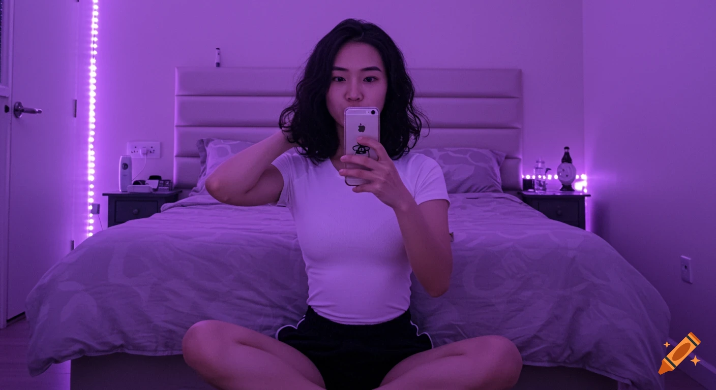 A young Asian woman sits cross-legged on the floor, taking a selfie in a bedroom bathed in purple LED light.