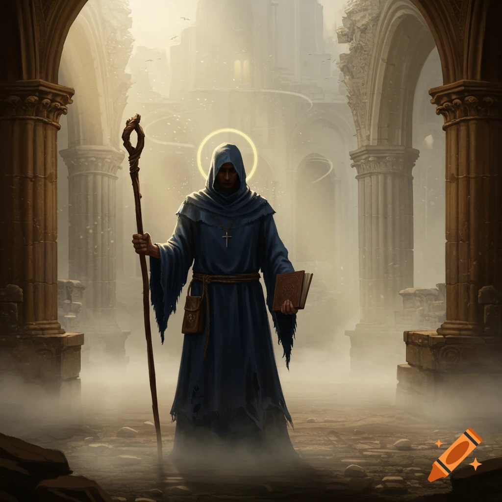 A cloaked, hooded monk-like figure with a halo, holding a staff and book, stands in a foggy, ruined gothic cathedral.
