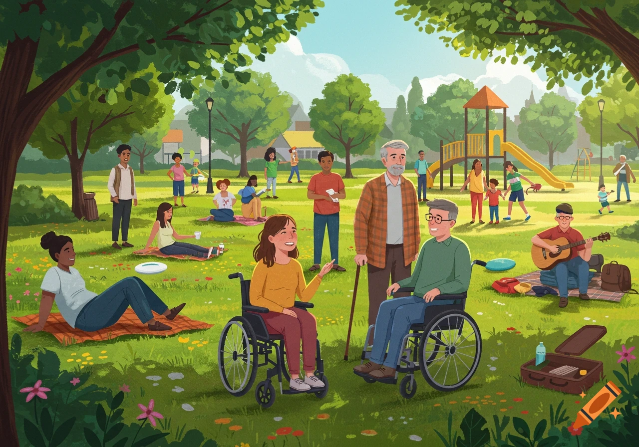 An illustrative scene of diverse people, some in wheelchairs, relaxing and playing in a sunny park with trees and a playground.