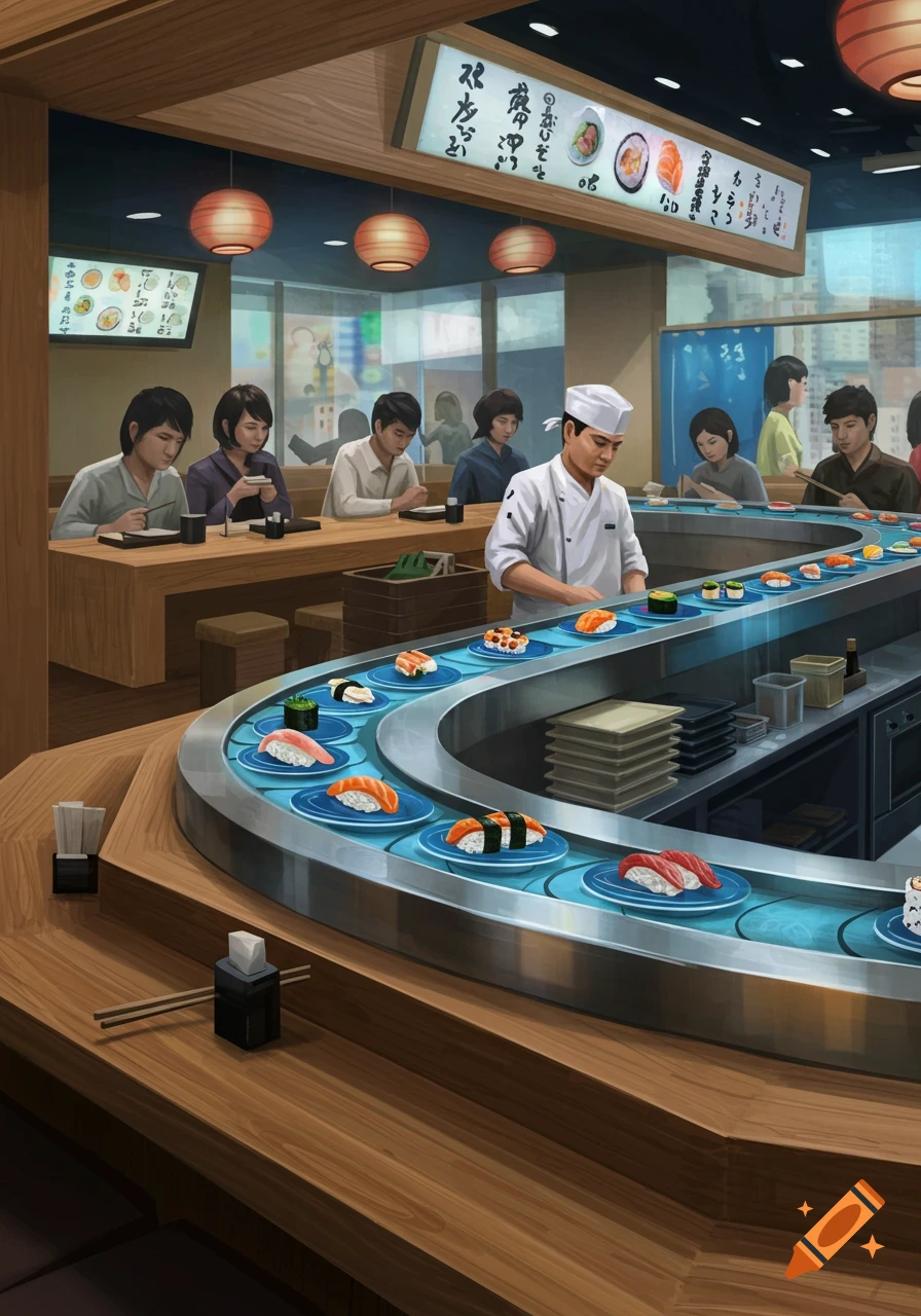 Illustration of a sushi restaurant with a chef preparing food and customers dining at a conveyor belt.