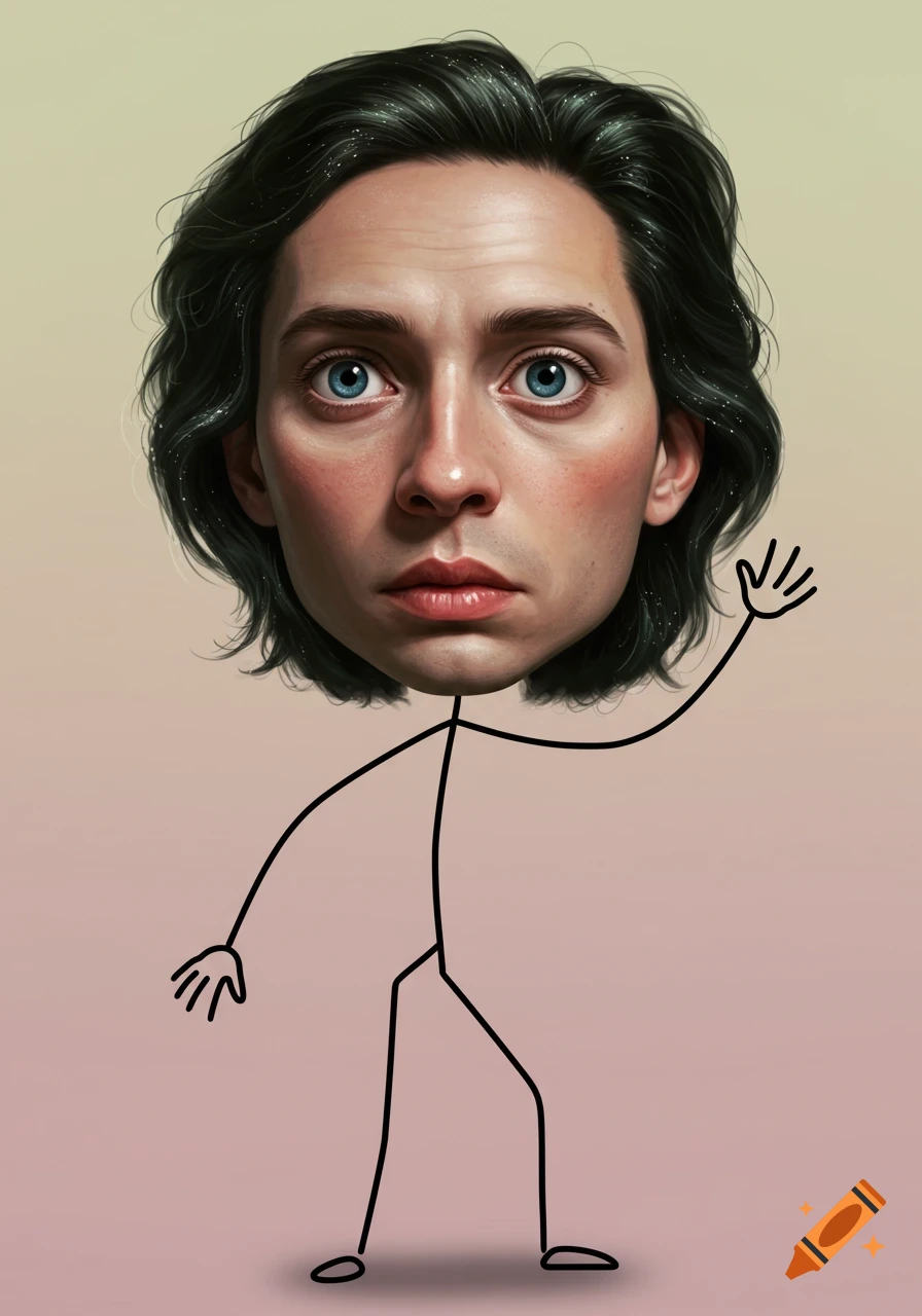 A realistic head of a young man with dark hair and blue eyes on a stick figure body, waving.