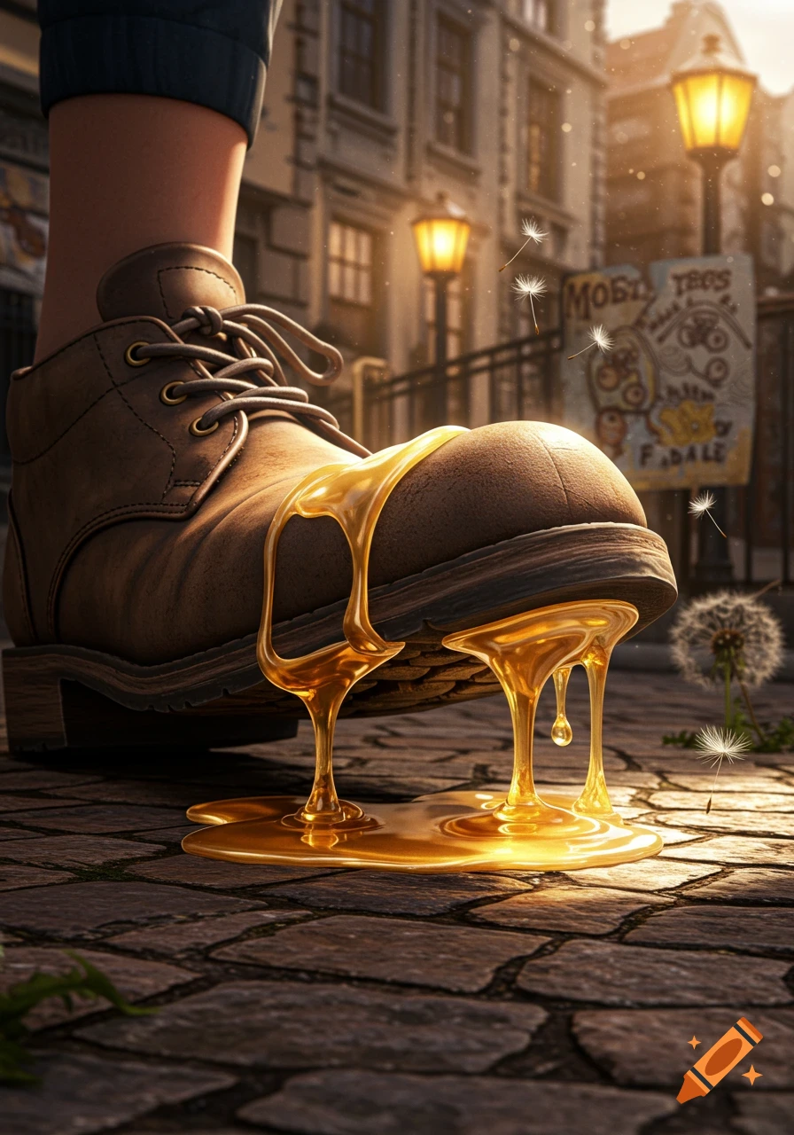 A close-up, photorealistic view of a person's brown leather boot dripping with golden honey or glue onto a cobblestone street, with blurry city buildings and lampposts in the background.