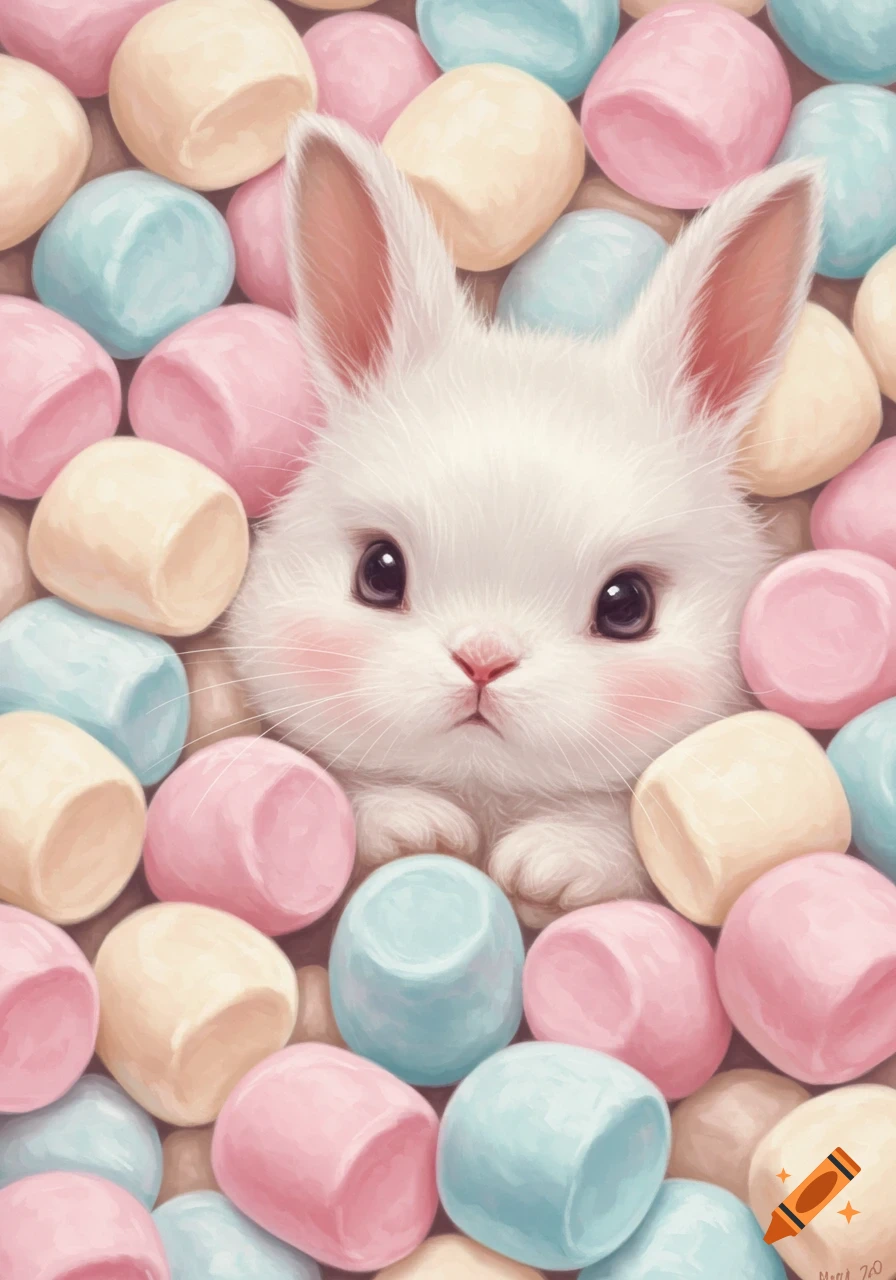 A fluffy white bunny with pink cheeks peeking out from a pile of pastel pink, yellow, and blue marshmallows.