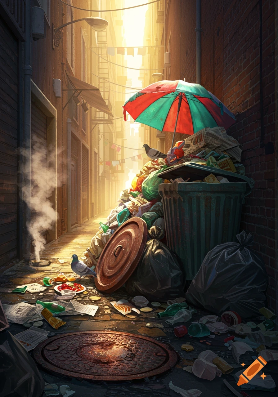 Bright sunlight illuminates a narrow, trash-filled urban alley with overflowing bins, scattered litter, pigeons, and a colorful umbrella.