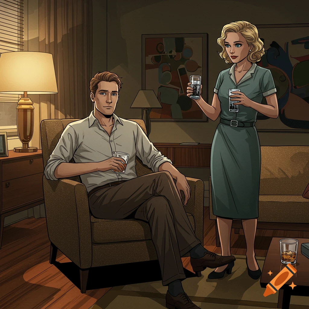In a graphic novel style, a man sits in an armchair with a drink, looking neutrally. A woman stands beside him holding two glasses.