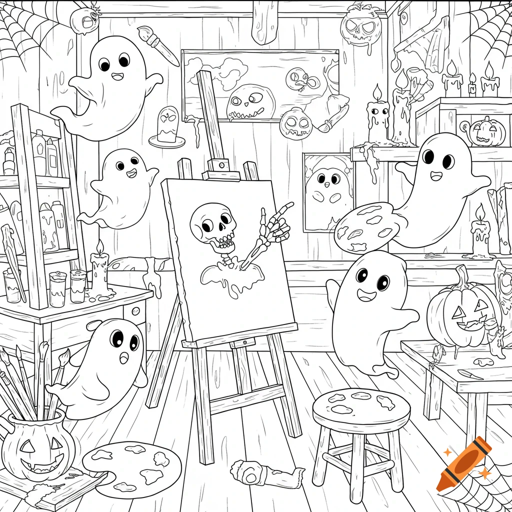Black and white coloring book page of a cute spooky haunted artist's studio with cheerful ghosts, floating paintbrushes, and a skeleton hand reaching from a canvas.
