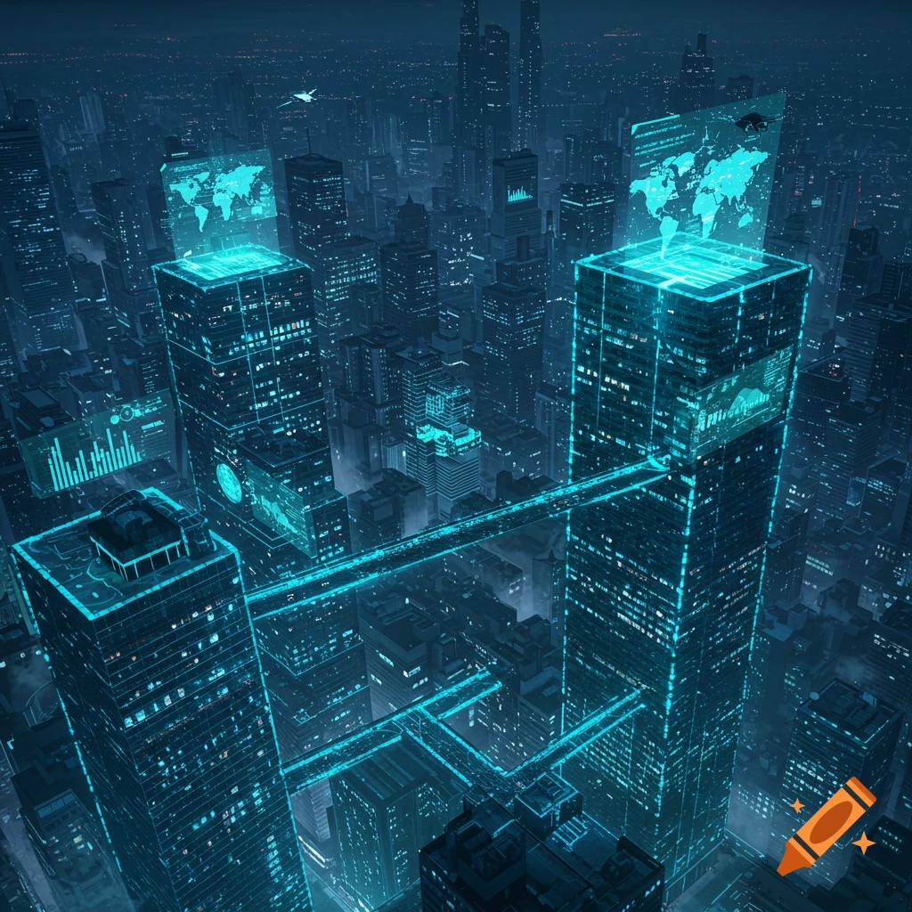 Aerial view of a futuristic city at night, with glowing teal lines outlining buildings and holographic data visualizations.