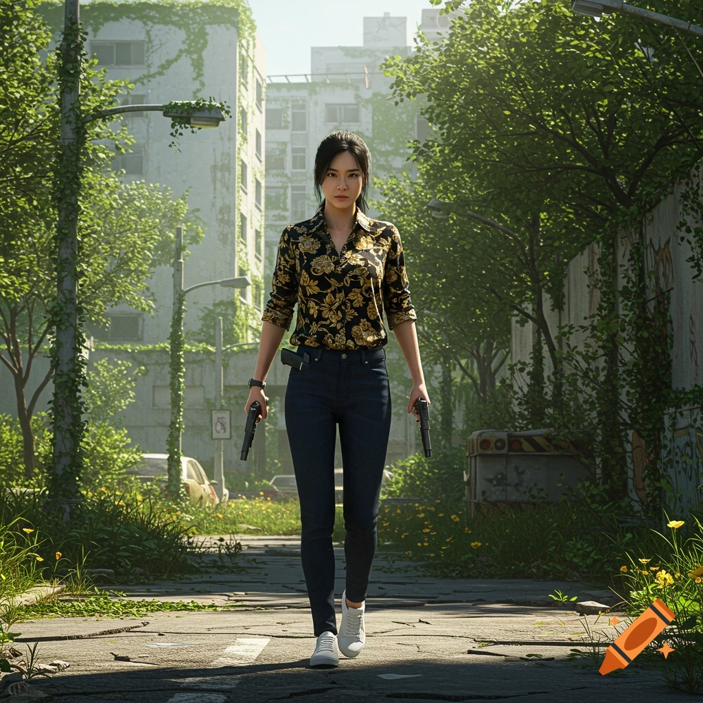 A Korean woman with black hair in a floral shirt, jeans, and white shoes walks down an overgrown city street, holding a pistol in each hand.