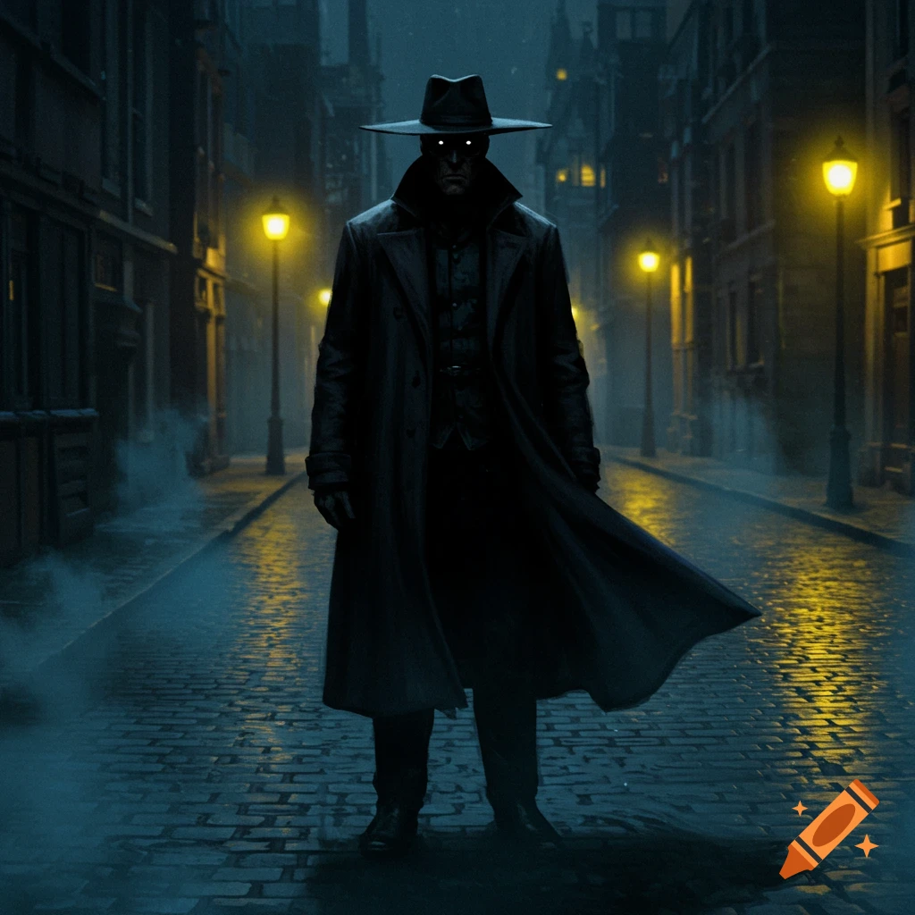 An ominous man in a black trench coat and wide-brimmed hat with glowing eyes stands on a dark, foggy, gaslit cobblestone street.